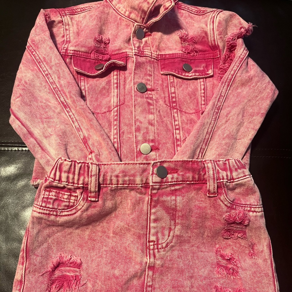 Pink Acid-Wash Denim Jacket & Skirt Set, good condition